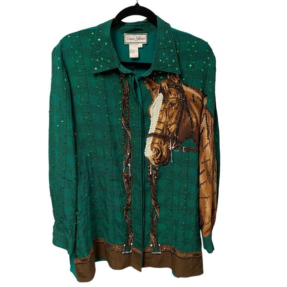 Vintage Diane Gilman Pure Silk Sequin Embellished Horse Print Button Up Green 1X - Picture 1 of 9